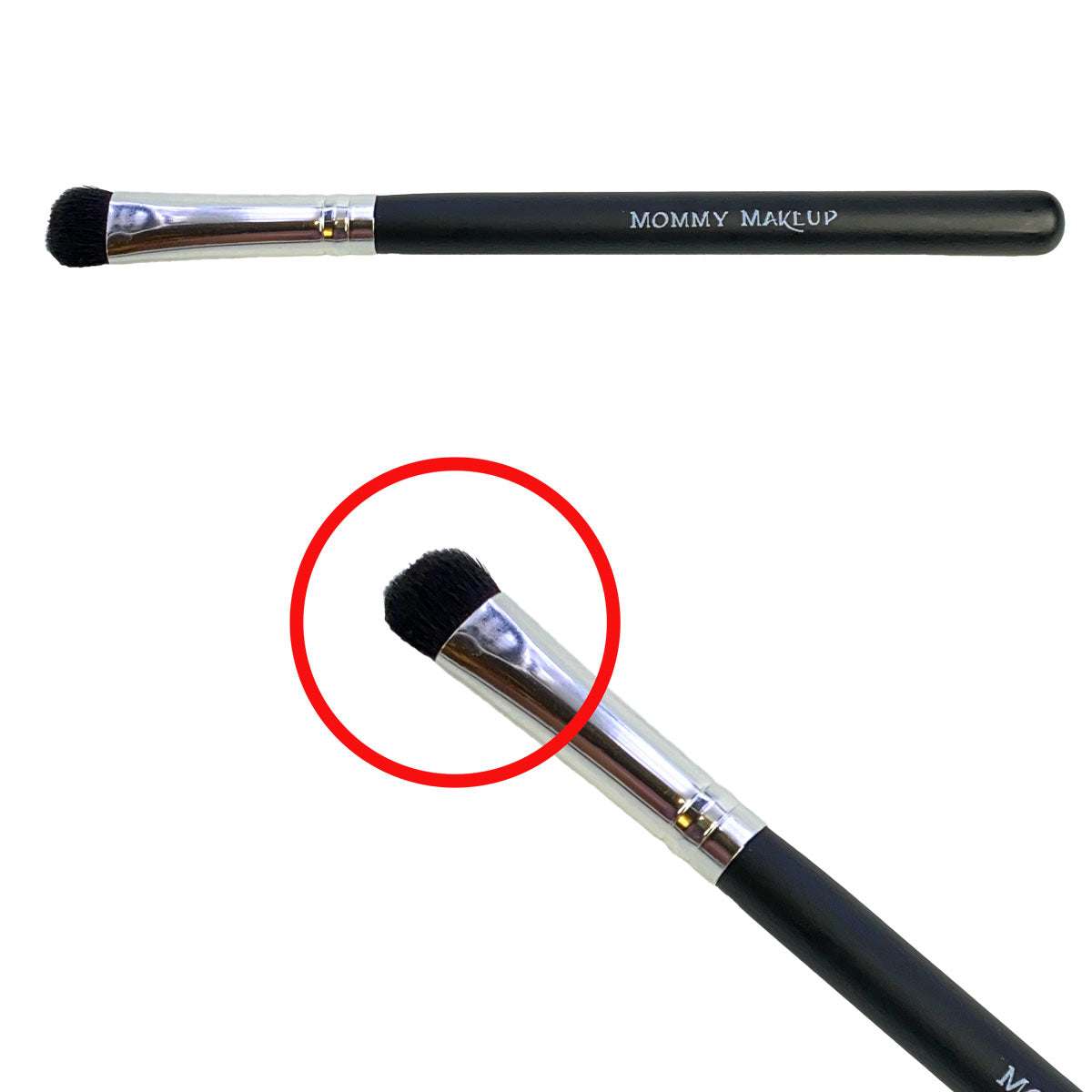 Pretty Perfect Set eyeshadow brush with black soft bristles and a sleek black handle labeled Mommy Makeup for precise makeup application