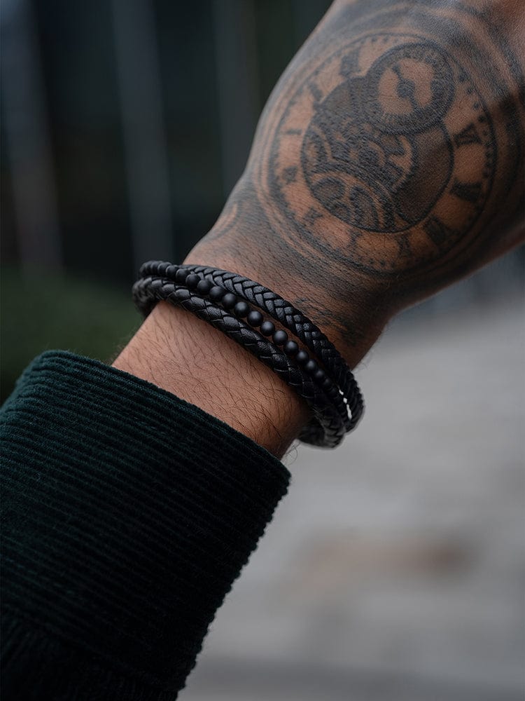 Stacked Black Leather & Black Onyx Bead Bracelet - Maven Couture IncLeather Bracelet