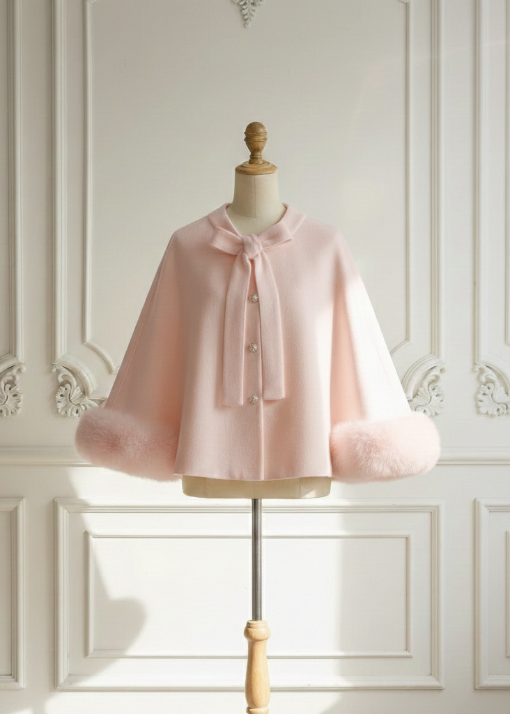 Pink Bridal Cape with Faux Fur Trim (Amanda Pin06)