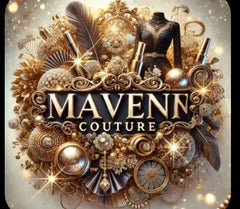 Luxurious Maven Couture logo surrounded by intricate gold details, featuring ornate feathers, pearls, vintage timepieces, and sparkling accents. A black mannequin with a gold belt adds a touch of elegance, representing high-end fashion and sophistication.