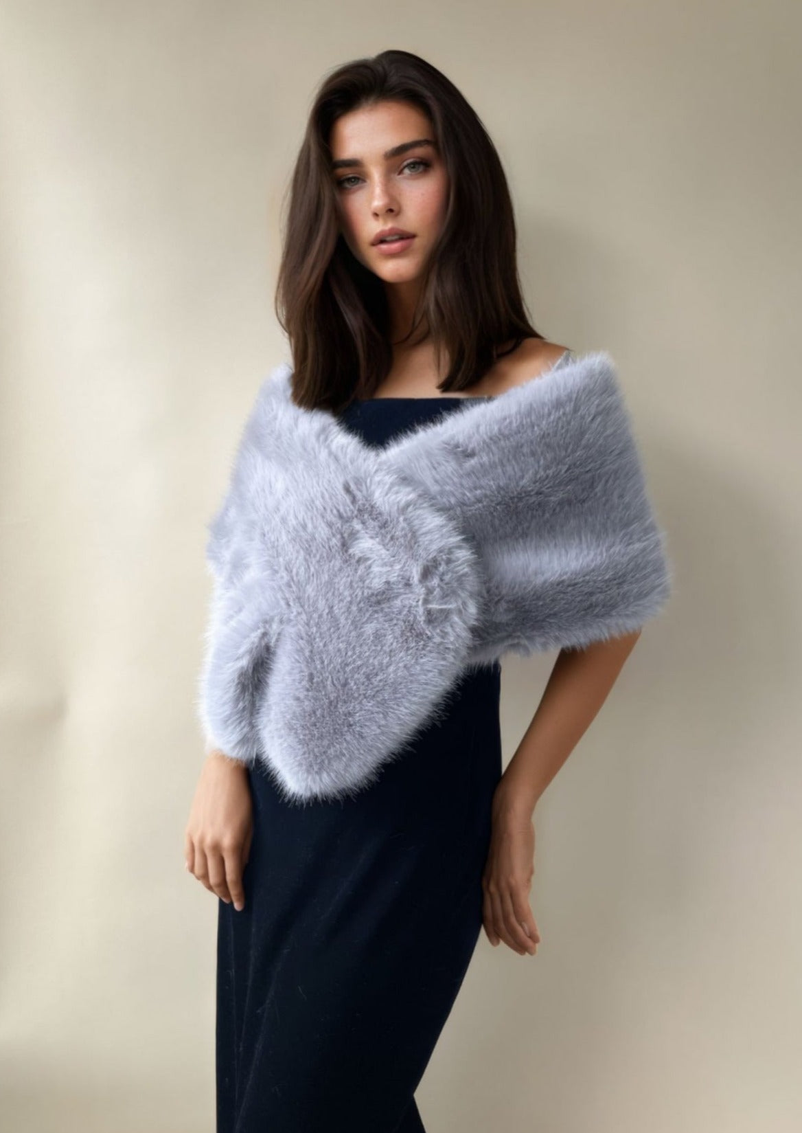 Soft Grey Faux Fur Shawl / Wrap with hooks and eyes (Lilian Gry07)