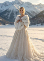 Ivory with Brown Tips Bridal Faux Fur Shawl (Butterfly Wht07)