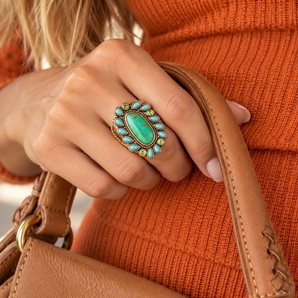 Legacy Lime Green and Blue Turquoise Golden Statement Ring - Maven Couture IncRings