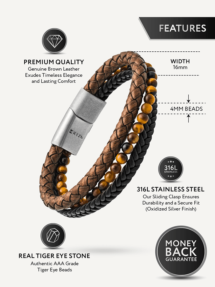 Stacked Brown Leather & Tiger Eye Bead Bracelet - Maven Couture IncLeather Bracelet