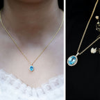 Natural 1 Carat Swiss Blue Topaz and Diamond Halo Necklace With Silver Chain