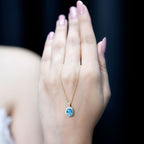 Natural 1 Carat Swiss Blue Topaz and Diamond Halo Necklace With Silver Chain
