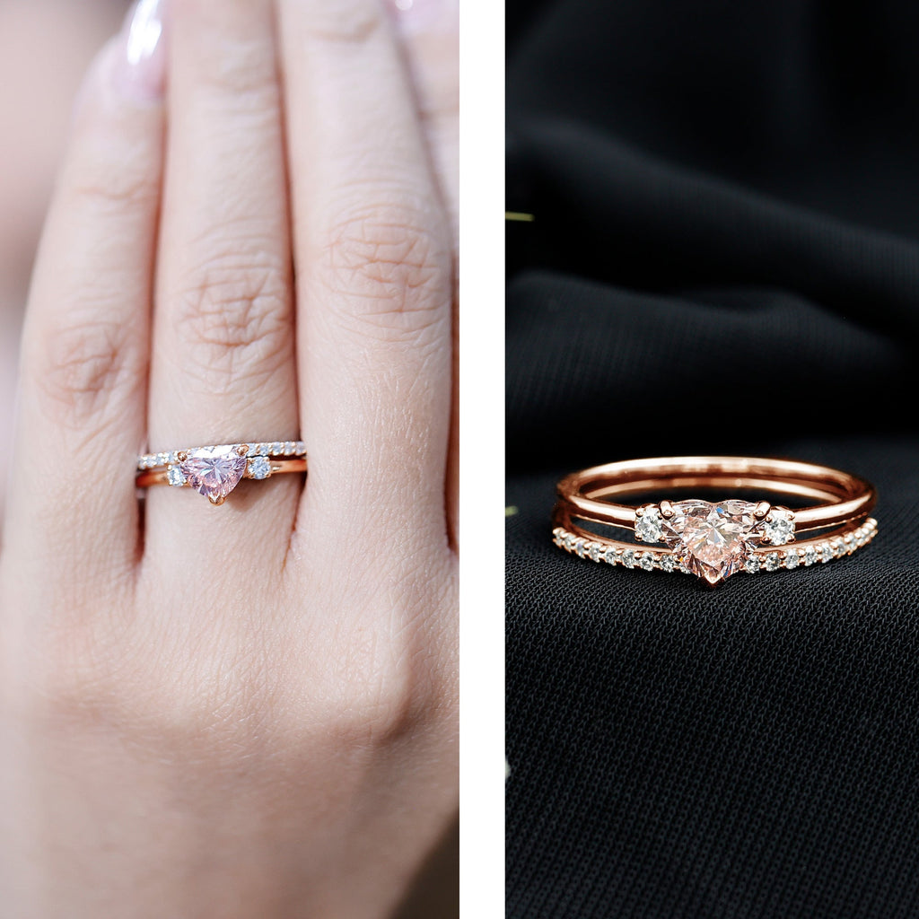 IGI Certified Lab Grown Pink Heart Engagement Ring With Diamond Wedding Band
