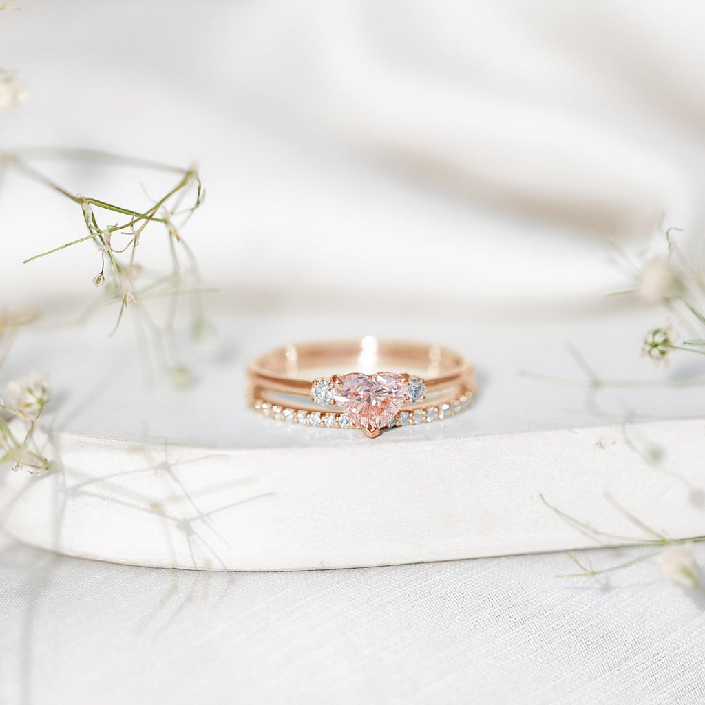 IGI Certified Lab Grown Pink Heart Engagement Ring With Diamond Wedding Band