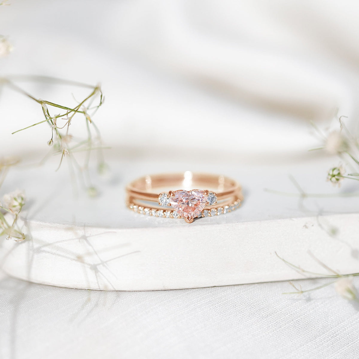 IGI Certified Lab Grown Pink Heart Engagement Ring With Diamond Wedding Band