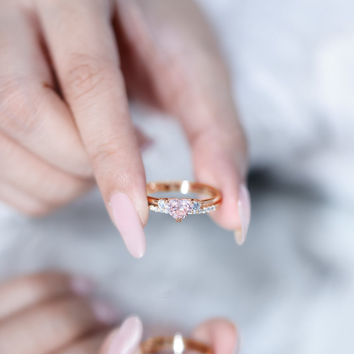 IGI Certified Lab Grown Pink Heart Engagement Ring With Diamond Wedding Band