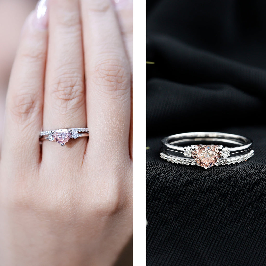 IGI Certified Lab Grown Pink Heart Engagement Ring With Diamond Wedding Band
