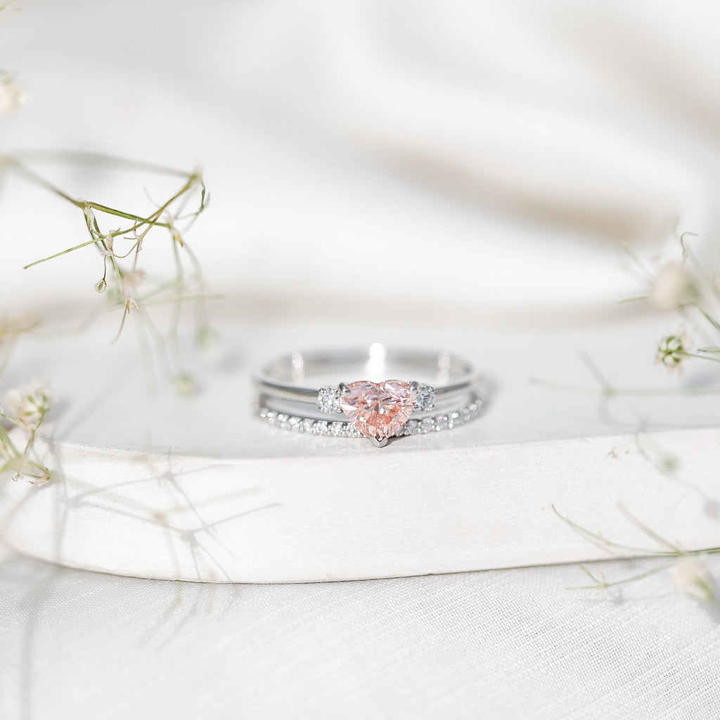 IGI Certified Lab Grown Pink Heart Engagement Ring With Diamond Wedding Band