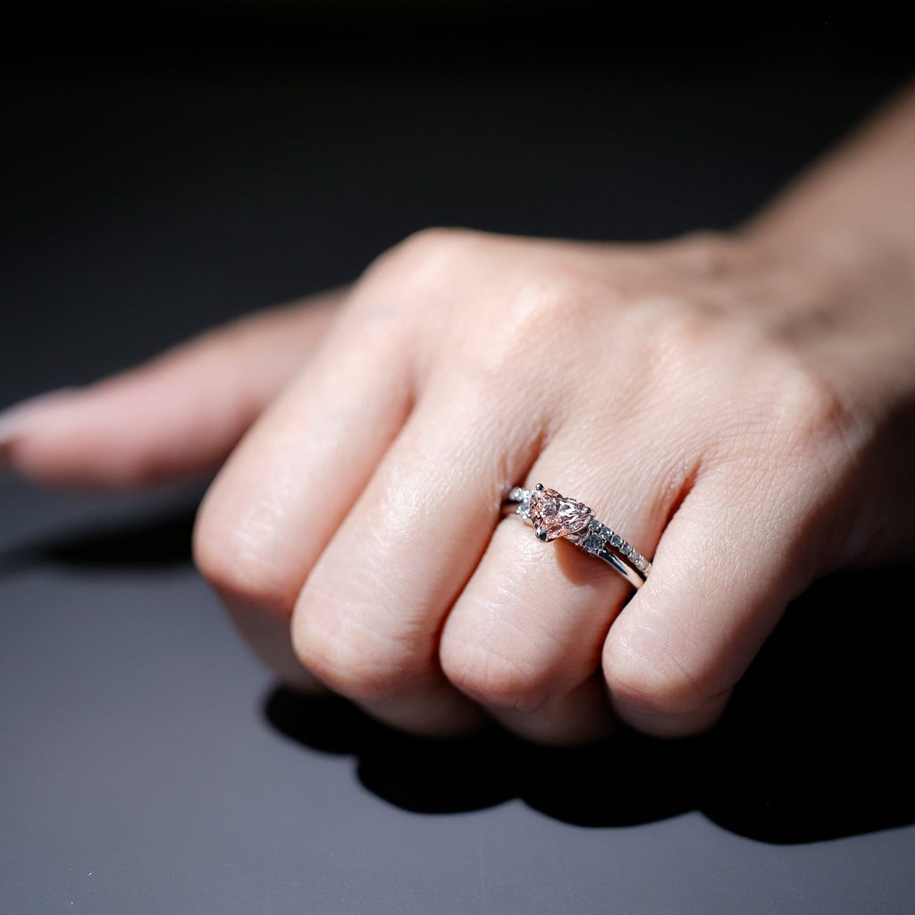 IGI Certified Lab Grown Pink Heart Engagement Ring With Diamond Wedding Band