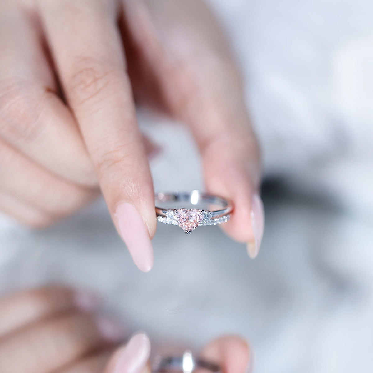 IGI Certified Lab Grown Pink Heart Engagement Ring With Diamond Wedding Band