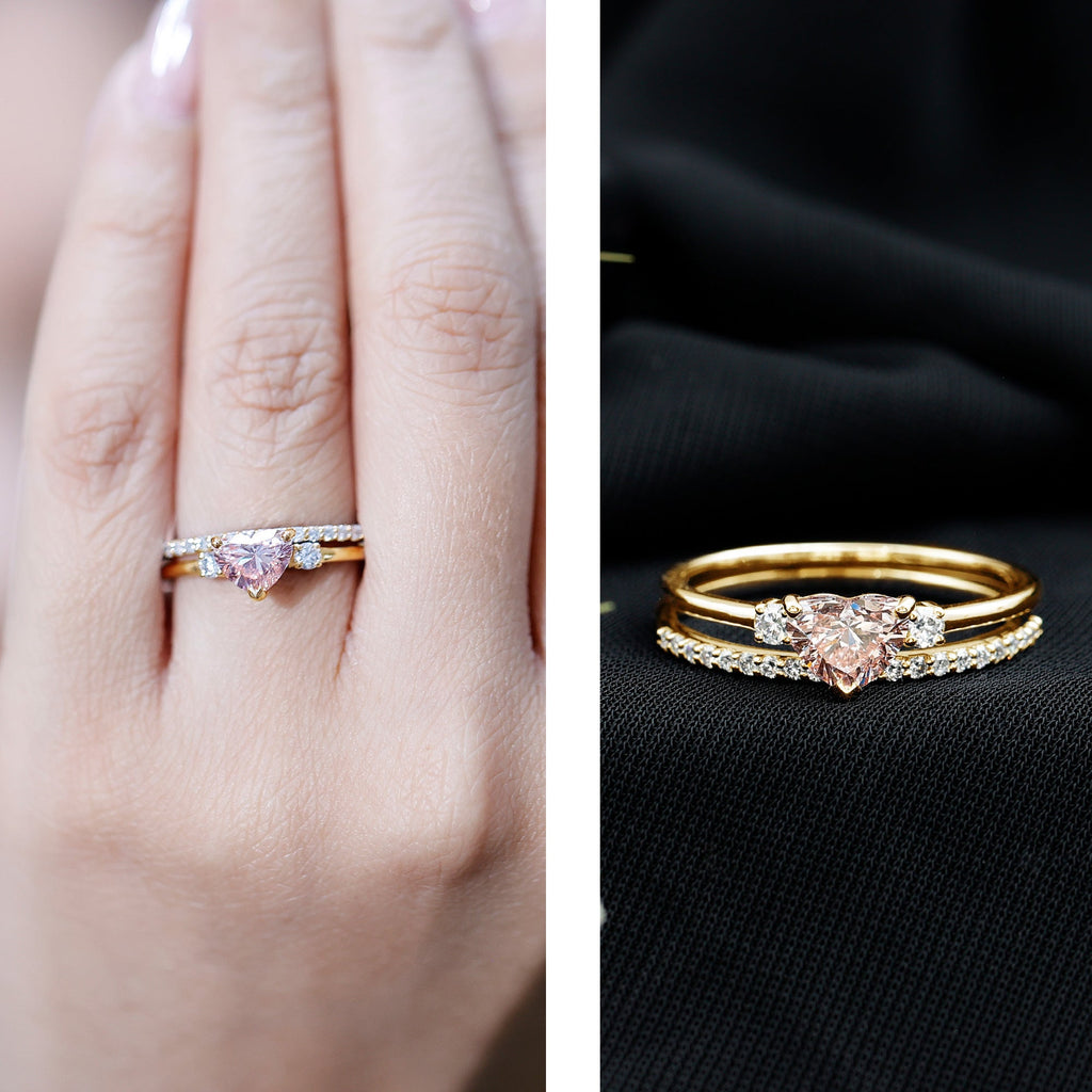 IGI Certified Lab Grown Pink Heart Engagement Ring With Diamond Wedding Band