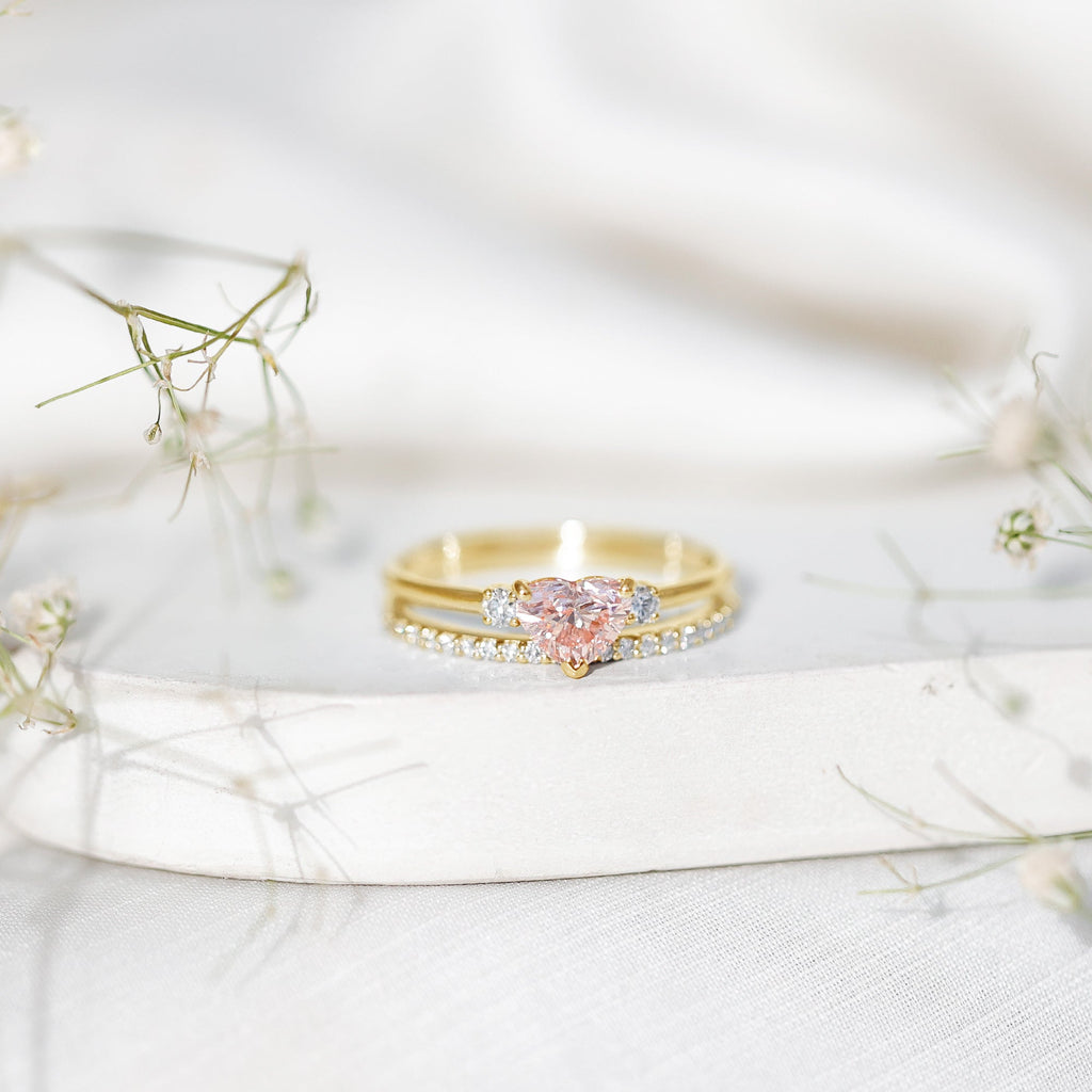 IGI Certified Lab Grown Pink Heart Engagement Ring With Diamond Wedding Band