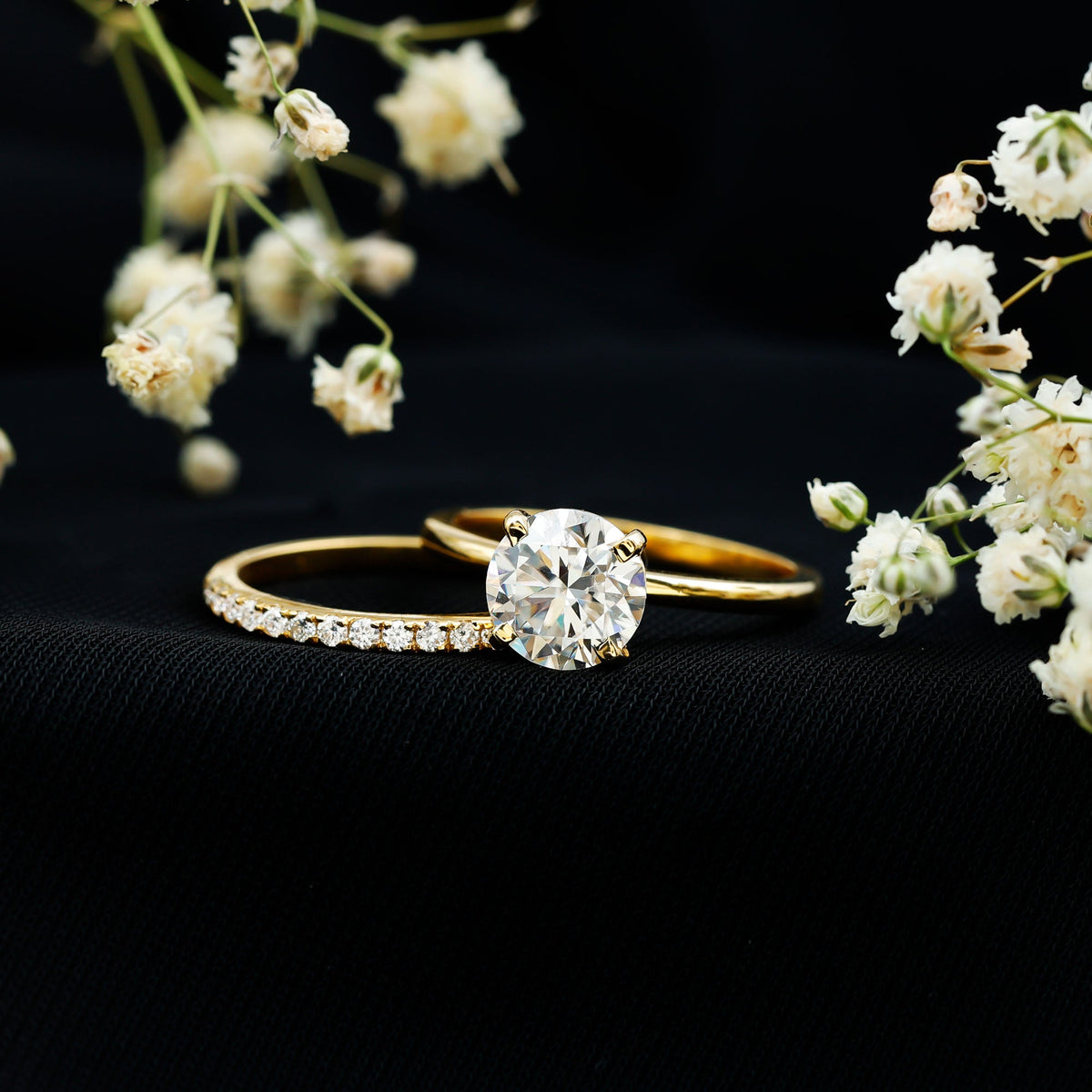 Certified 2 Carat Moissanite Solitaire Wedding Ring Set in Gold Plated Silver