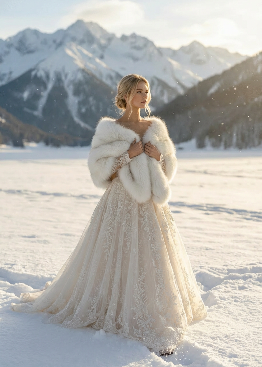Ivory with Brown Tips Bridal Faux Fur Shawl (Butterfly Wht07)
