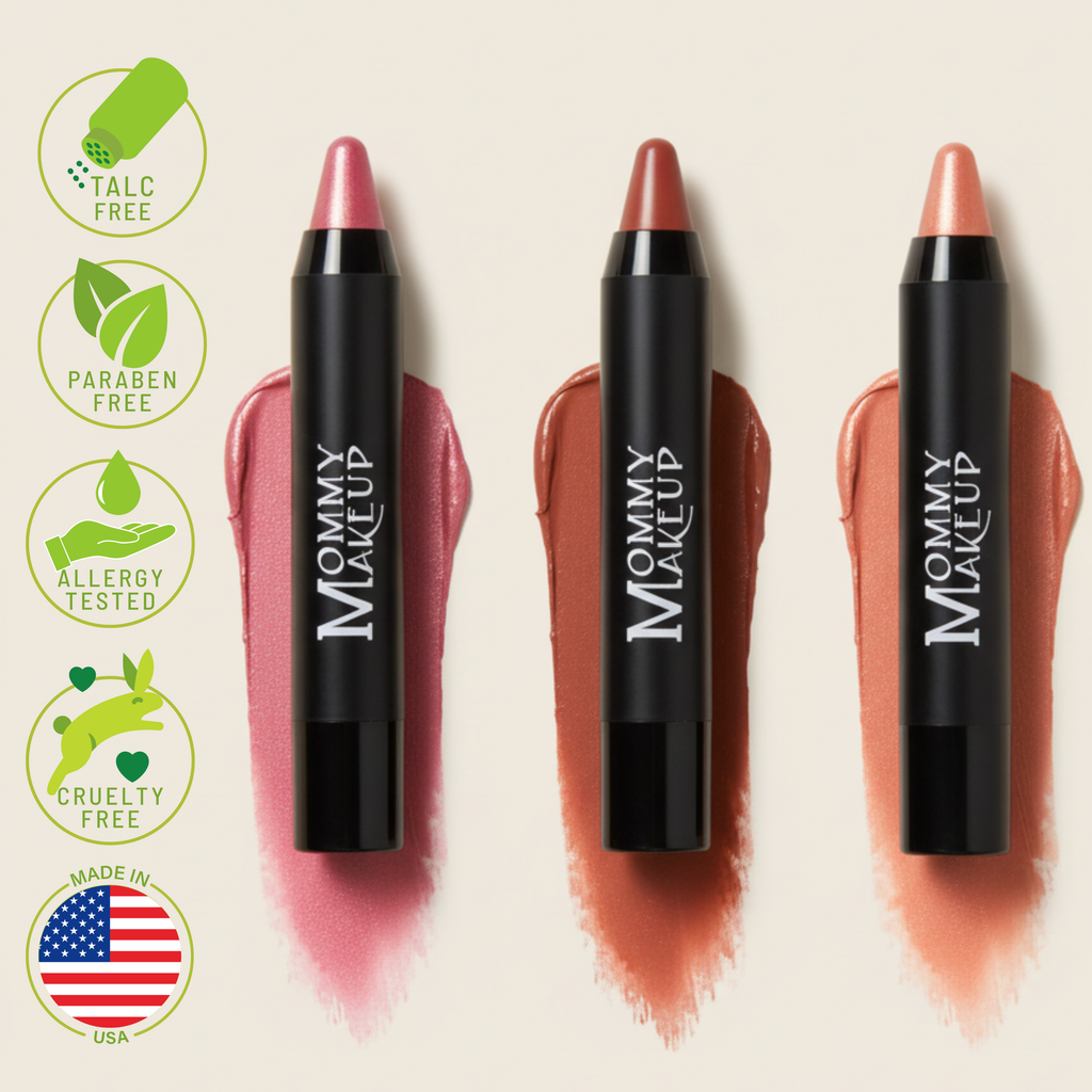 Triple Sticks Lipstick set showing black tubes with shimmering pink, nude, and peach shades and smooth creamy texture swatches