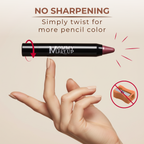 Triple Sticks Lipstick in black twist-up pencil with shimmery pink tip held above hand, no sharpening needed