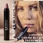 Triple Sticks Lipstick in pink shade with creamy texture applied on lips of a woman, featuring black sleek packaging with drops
