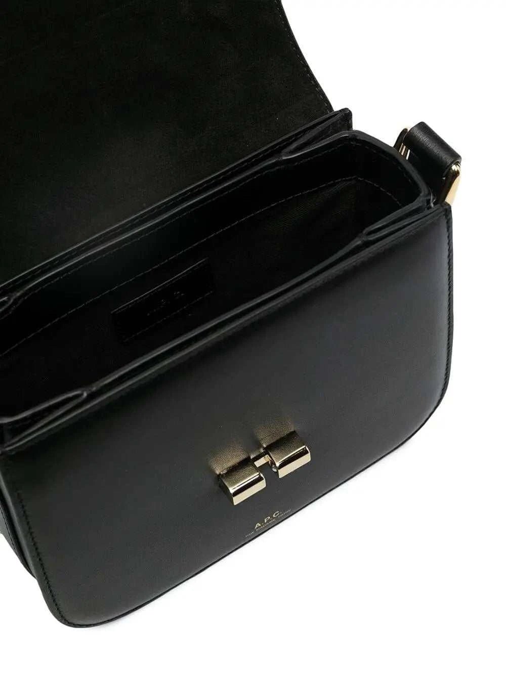 A.P.C. Women 'Grace' Black Mini Crossbody Bag With Adjustable Strap And Logo Lettering Imprinted On The Front In Leather For Women - Maven Couture IncHandbags / Cross Body Bags