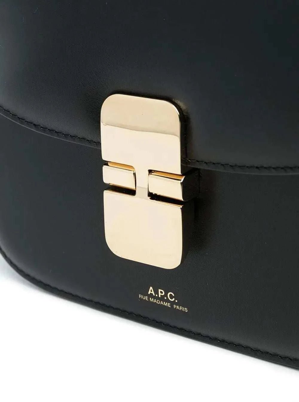 A.P.C. Women 'Grace' Black Mini Crossbody Bag With Adjustable Strap And Logo Lettering Imprinted On The Front In Leather For Women - Maven Couture IncHandbags / Cross Body Bags