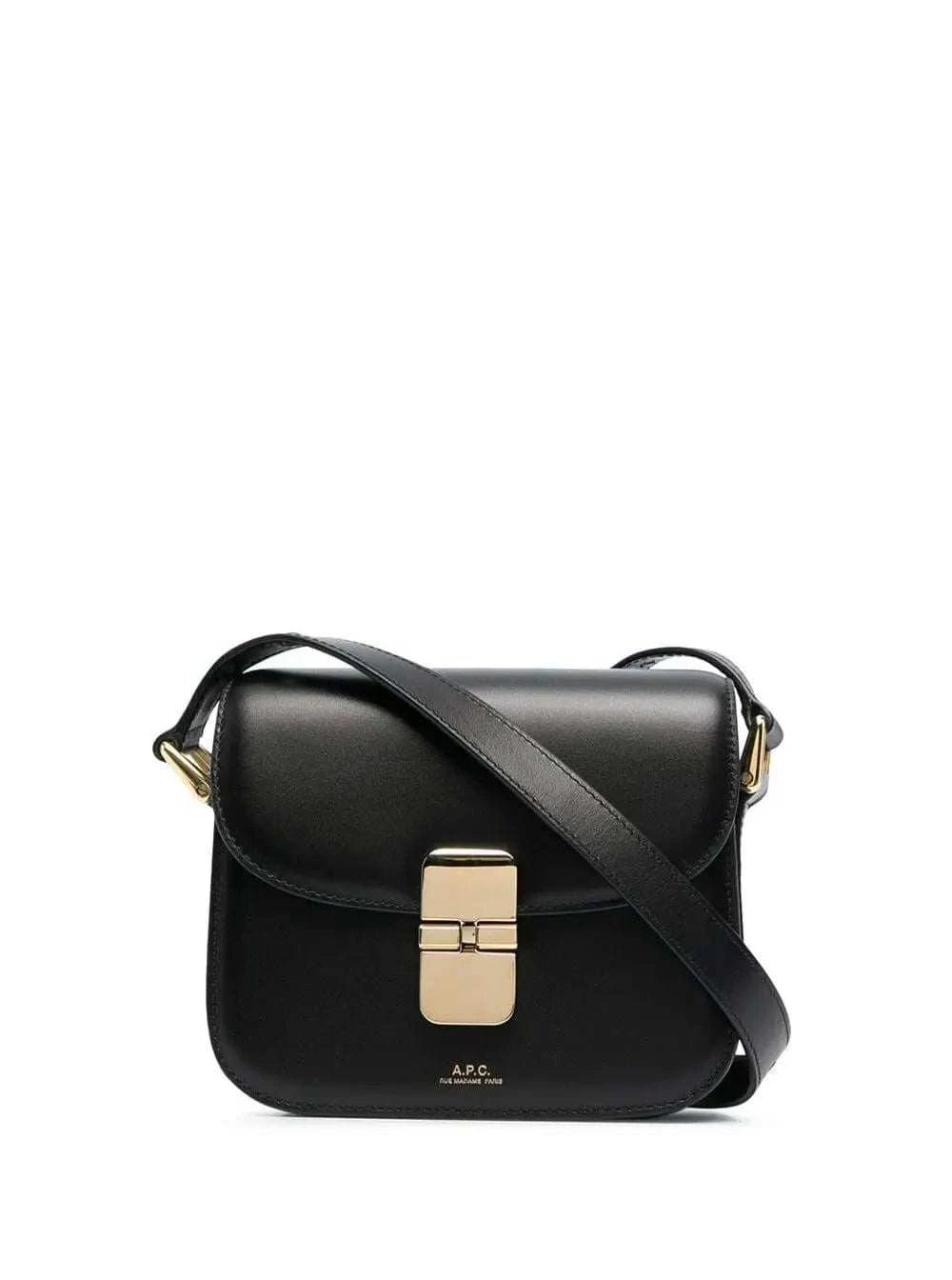 A.P.C. Women 'Grace' Black Mini Crossbody Bag With Adjustable Strap And Logo Lettering Imprinted On The Front In Leather For Women - Maven Couture IncHandbags / Cross Body Bags