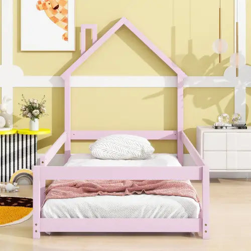 Charming twin size bed with house-shaped headboard in pink accents