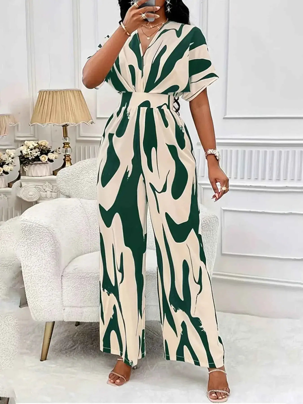 Abstract Print Wide-Leg Jumpsuit in green and cream polyester with ruched waist and short sleeves