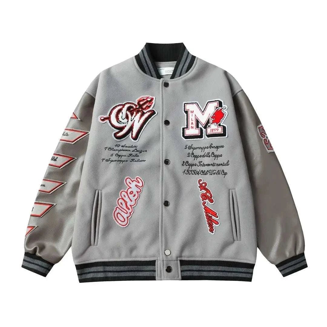 AC Milan Off-White Gray Varsity Wool Jacket - Maven Couture Inc