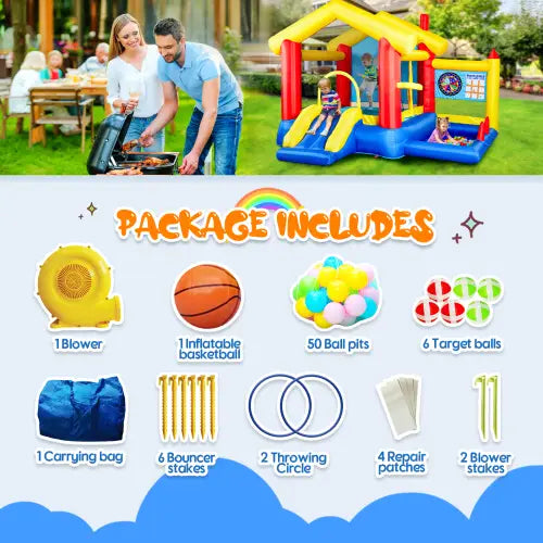 Luxury 8-in-1 inflatable bounce house with basketball game for kids