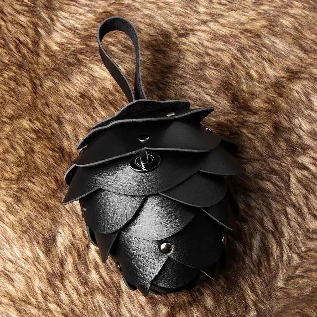 Acorn-Shaped Leather mini pouch bag in black PU leather with petal design and a wrist strap