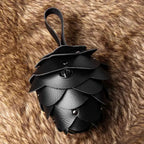 Acorn-Shaped Leather mini pouch bag in black PU leather with petal design and a wrist strap