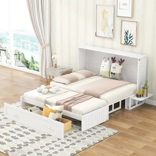 Elegant queen size mobile murphy bed with storage in sleek white finish