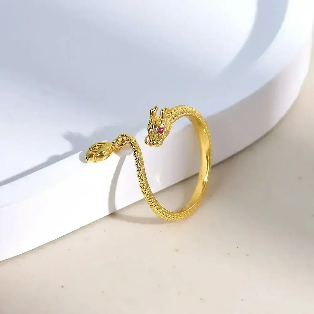 Aesthetic Flower Butterfly Rings featuring a gold-tone metal dragon-shaped adjustable opening ring with detailed texture and red gemstone eyes