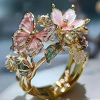 Gold metal Aesthetic Flower Butterfly Rings featuring pink enamel butterfly, pastel flower, rhinestones, and intricate design