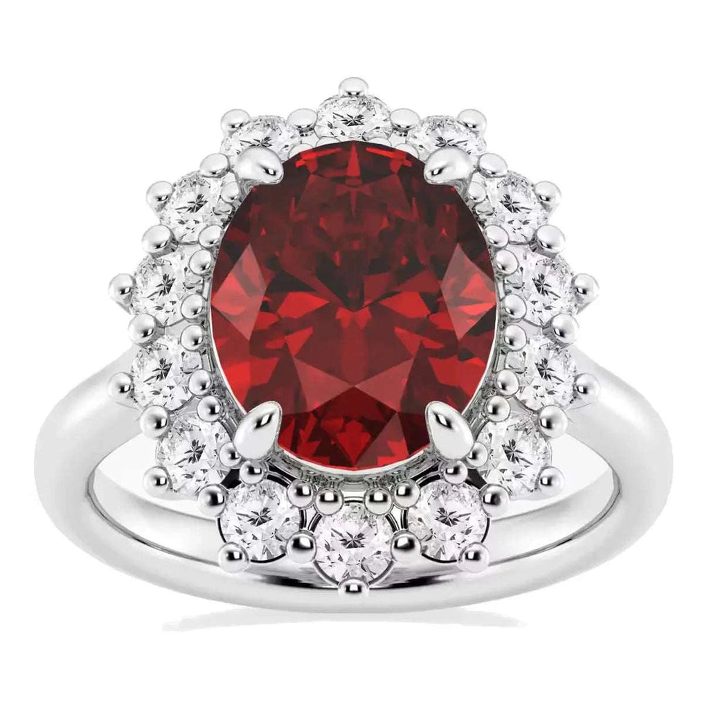 AGI Certified 3CTW Oval Lab Ruby Princess Diana Engagement Ring With Lab Diamond Halo in Choice of 14K White or Yellow Gold – 9x7mm - Maven Couture IncDiamond Ring