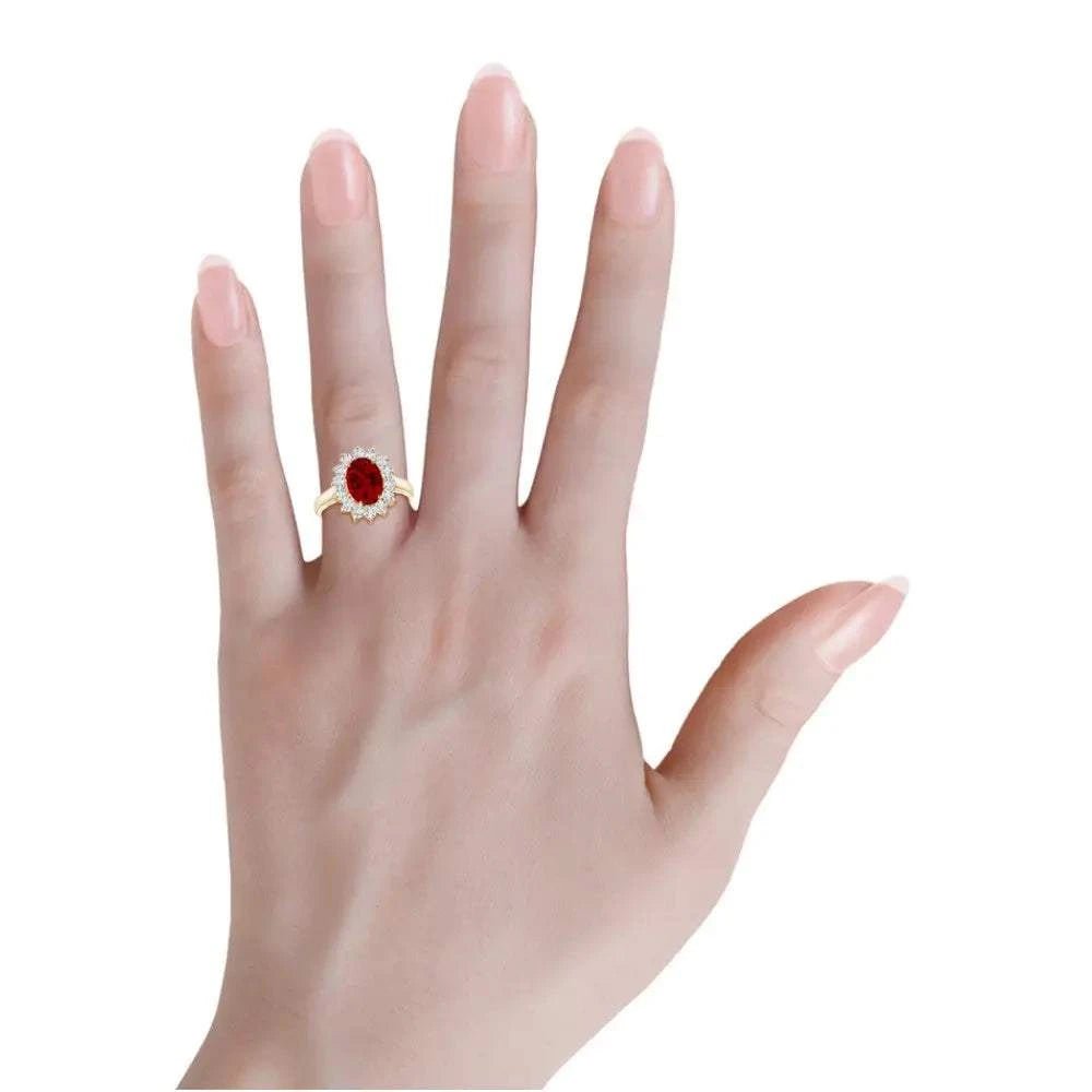 AGI Certified 3CTW Oval Lab Ruby Princess Diana Engagement Ring With Lab Diamond Halo in Choice of 14K White or Yellow Gold – 9x7mm - Maven Couture IncDiamond Ring