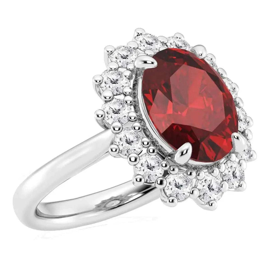 AGI Certified 3CTW Oval Lab Ruby Princess Diana Engagement Ring With Lab Diamond Halo in Choice of 14K White or Yellow Gold – 9x7mm - Maven Couture IncDiamond Ring