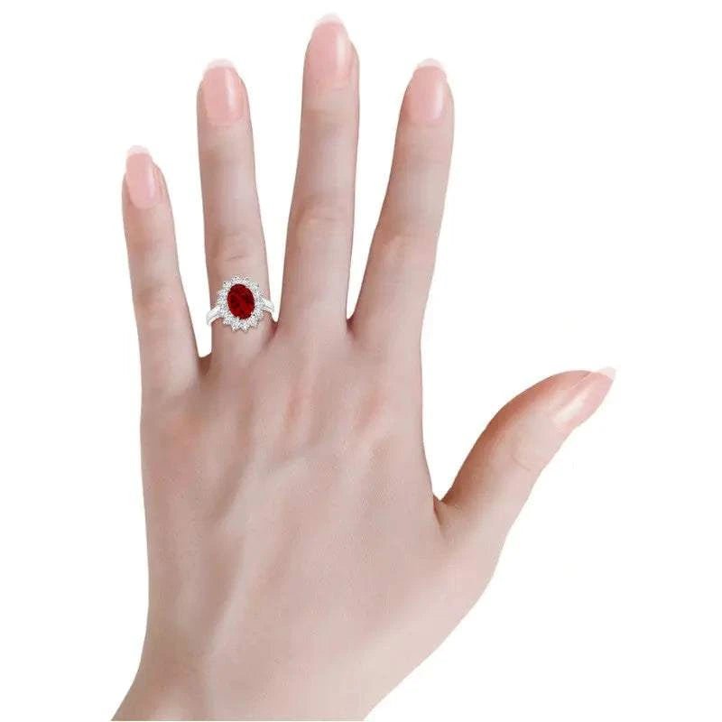 AGI Certified 3CTW Oval Lab Ruby Princess Diana Engagement Ring With Lab Diamond Halo in Choice of 14K White or Yellow Gold – 9x7mm - Maven Couture IncDiamond Ring
