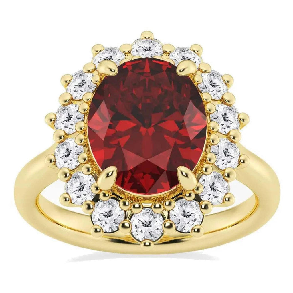 AGI Certified 3CTW Oval Lab Ruby Princess Diana Engagement Ring With Lab Diamond Halo in Choice of 14K White or Yellow Gold – 9x7mm - Maven Couture IncDiamond Ring