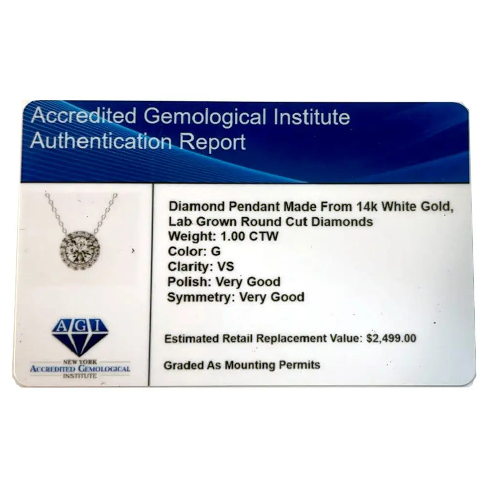AGI Certified Lab-Grown Diamond authentication report card showing 1.00 CTW round cut lab-grown diamond pendant in 14kt white gold with G color and VS clarity