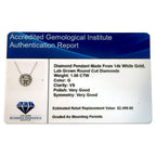 AGI Certified Lab-Grown Diamond authentication report card showing 1.00 CTW round cut lab-grown diamond pendant in 14kt white gold with G color and VS clarity