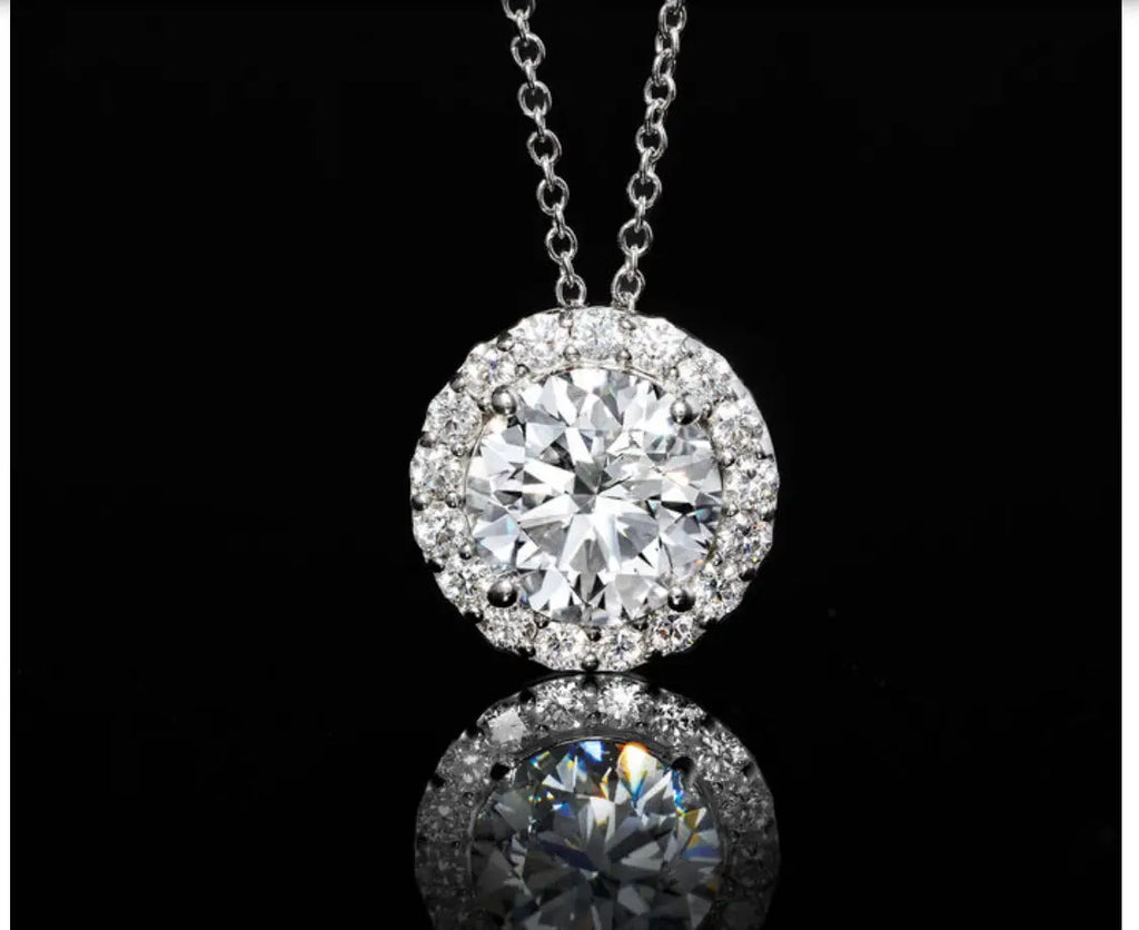 AGI Certified Lab-Grown Diamond round brilliant-cut halo pendant necklace in polished 14kt white gold with an 18-inch chain