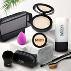Black compact powder case with mirrored lid featuring beige talc-free foundation for glamorous complete coverage
