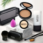 Black mesh makeup bag with white stitching and mommy makeup branding for talc-free foundation 8-piece makeup set