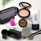 Black mesh makeup bag with white stitching and mommy makeup branding for talc-free foundation 8-piece makeup set