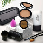 Black mesh makeup bag with white stitching and mommy makeup branding for talc-free foundation 8-piece set