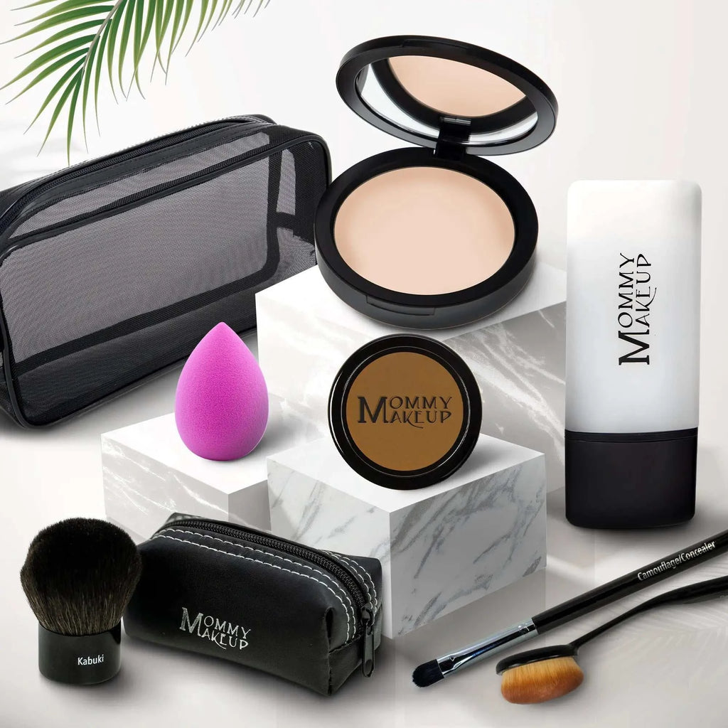 Black mesh makeup bag with white stitching and mommy makeup branding for talc-free foundation 8-piece set